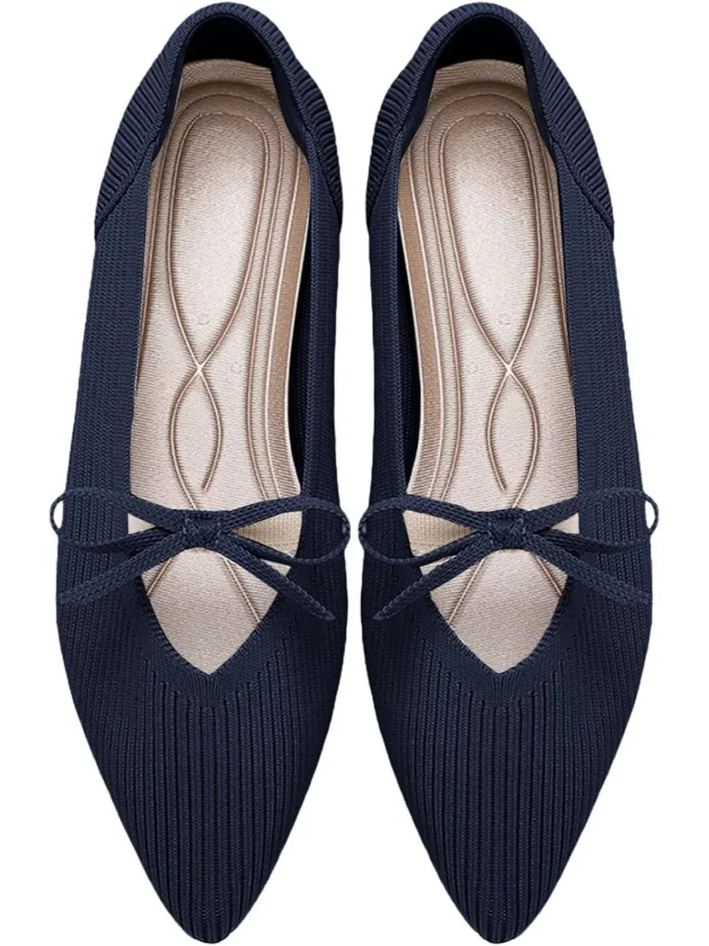 Women's Navy Pointed Toe Flats Comfortable Knit Ballet Shoes Washable Dressy